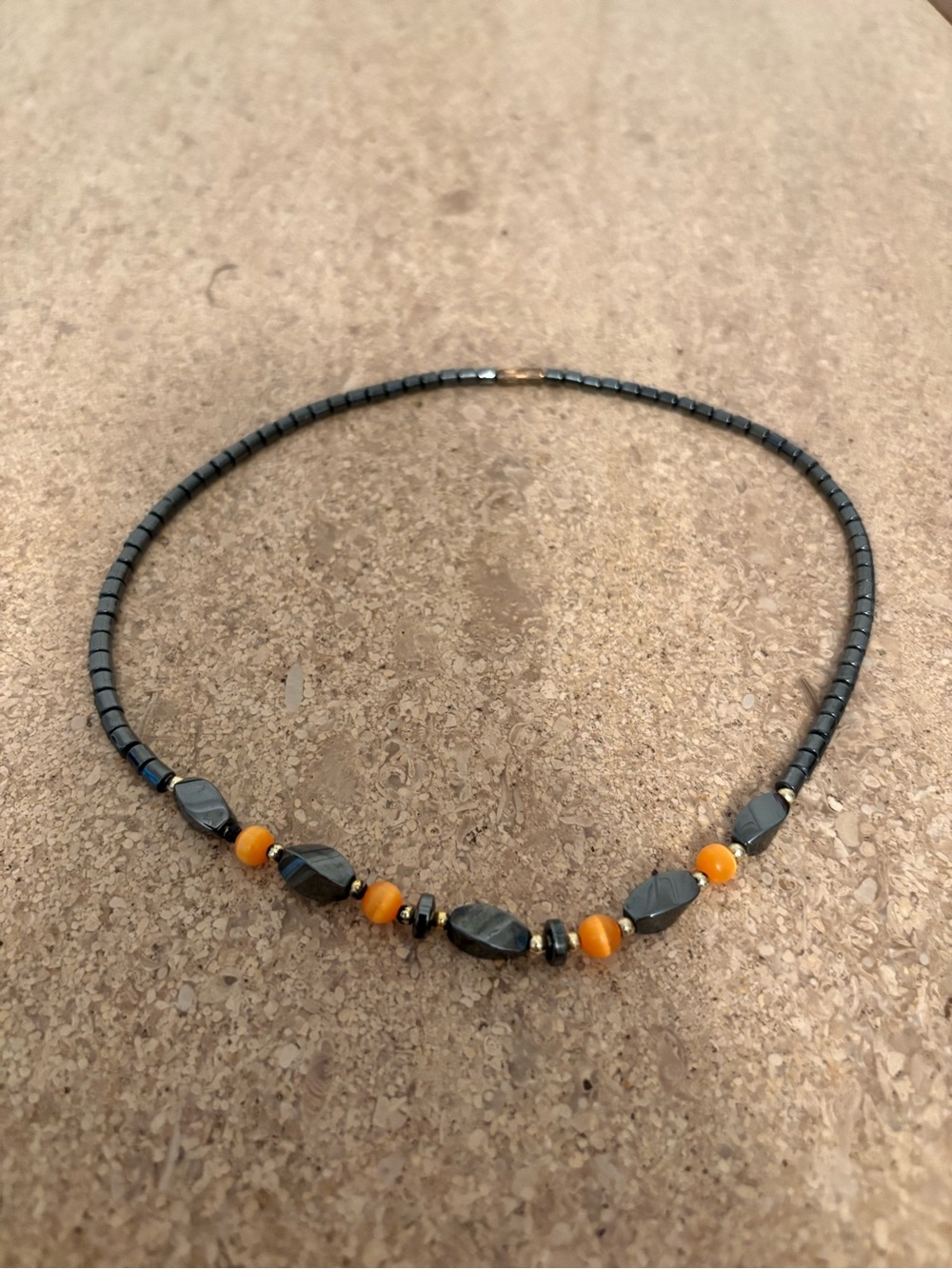 Hematite Bead Necklace with Orange Accent Beads